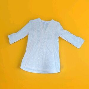 Marina Luna 100% Linen Tunic Top Medium Pink Peach Embroidery Lagenlook Coastal